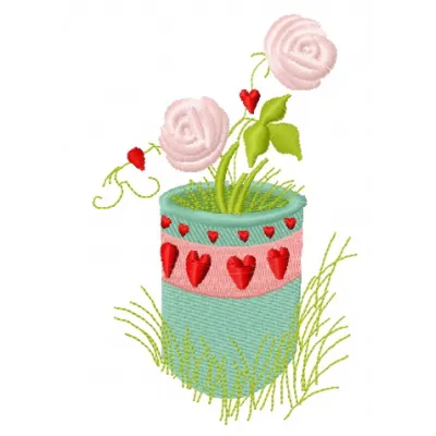 Flower pot embroidery design featuring vibrant blooms, ideal for stitching on home decor items like pillows and towels.