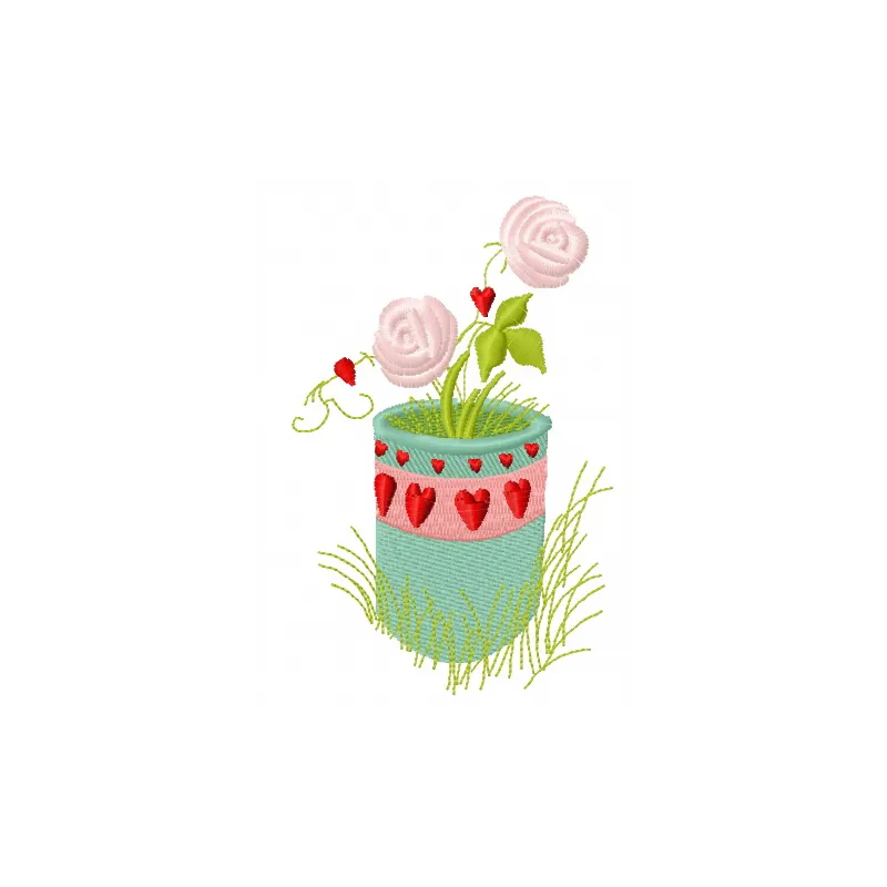 Flower pot embroidery design featuring vibrant blooms, ideal for stitching on home decor items like pillows and towels.