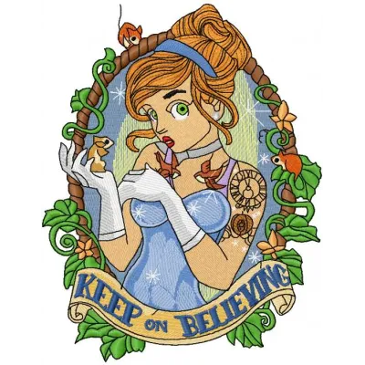 Keep on believing embroidery design featuring a whimsical Beauty and the Beast theme, perfect for various fabrics.