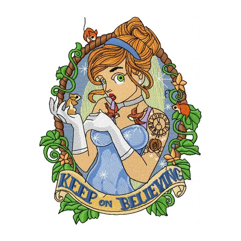 Keep on believing embroidery design featuring a whimsical Beauty and the Beast theme, perfect for various fabrics.