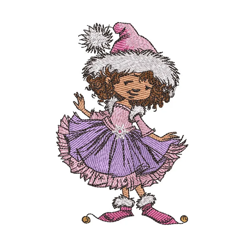 Girl Hello Winter embroidery design featuring a cheerful girl in winter attire, ideal for stitching on apparel and accessori…