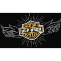 Harley Davidson wings logo embroidery design showcased on a denim jacket, perfect for auto and moto enthusiasts.