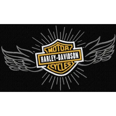Harley Davidson wings logo embroidery design showcased on a denim jacket, perfect for auto and moto enthusiasts.