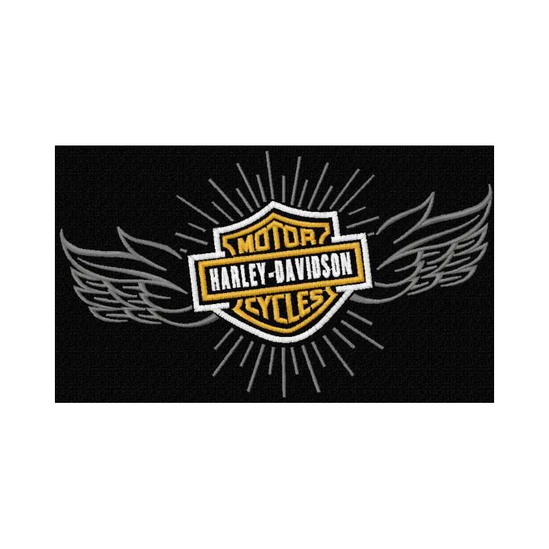 Harley Davidson wings logo embroidery design showcased on a denim jacket, perfect for auto and moto enthusiasts.