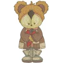 Teddy bear autumn love embroidery design showcasing a cute bear surrounded by autumn leaves and hearts.