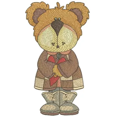 Teddy bear autumn love embroidery design showcasing a cute bear surrounded by autumn leaves and hearts.