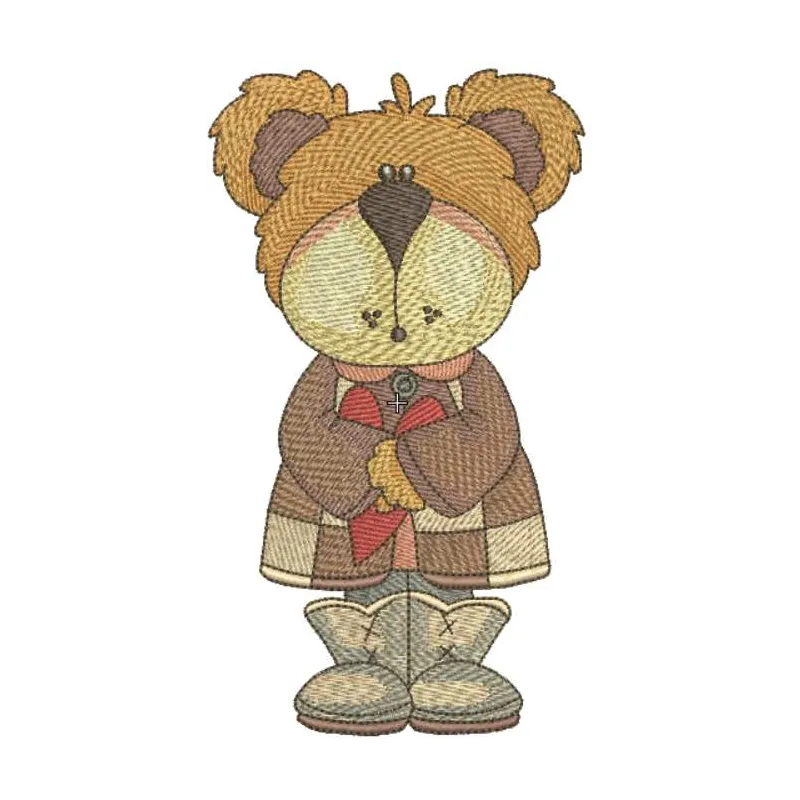 Teddy bear autumn love embroidery design showcasing a cute bear surrounded by autumn leaves and hearts.