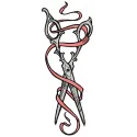 Vintage scissors and ribbon embroidery design showcasing intricate stitching patterns for craft projects.