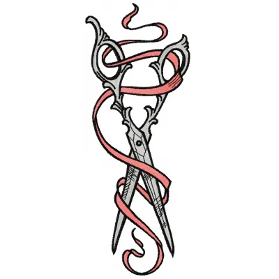 Vintage scissors and ribbon embroidery design showcasing intricate stitching patterns for craft projects.
