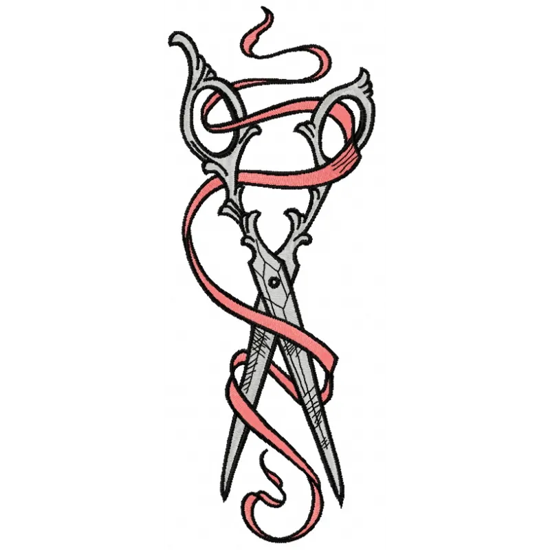 Vintage scissors and ribbon embroidery design showcasing intricate stitching patterns for craft projects.