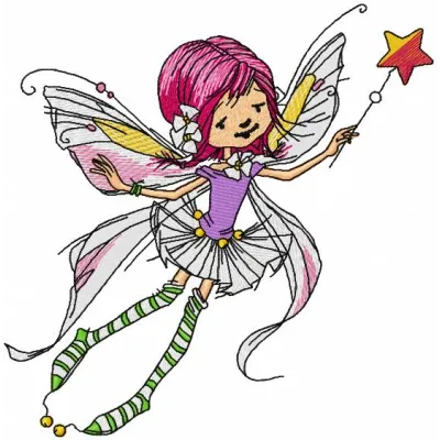 Flying fairy with magic wand embroidery design, showcasing a whimsical motif perfect for creating enchanting projects.