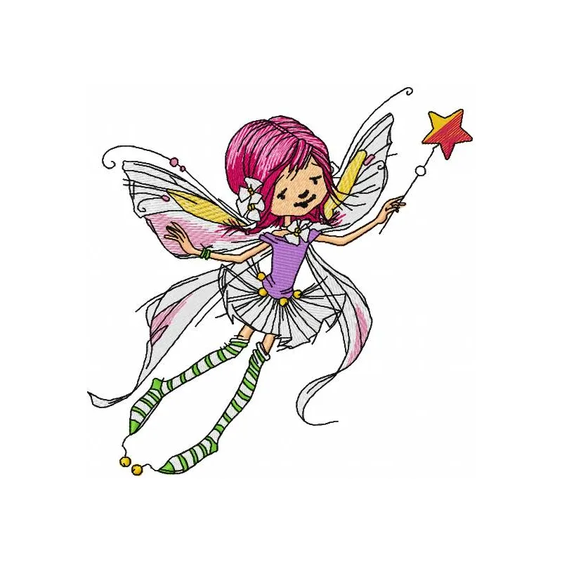 Flying fairy with magic wand embroidery design, showcasing a whimsical motif perfect for creating enchanting projects.