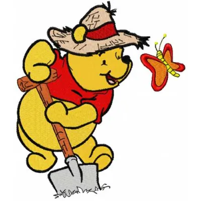 Winnie Pooh gardener 2 embroidery design featuring Pooh with gardening tools, ideal for playful stitching projects.