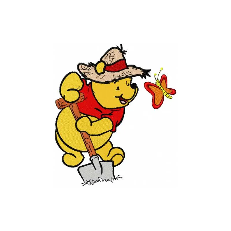 Winnie Pooh gardener 2 embroidery design featuring Pooh with gardening tools, ideal for playful stitching projects.
