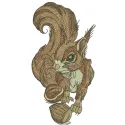 Embroidered design of a cute squirrel holding a hazelnut, featuring intricate stitching patterns in a woodland theme.