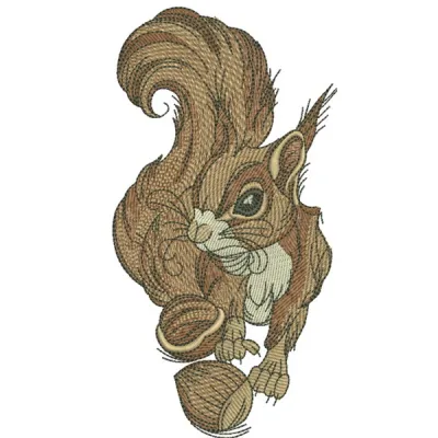 Embroidered design of a cute squirrel holding a hazelnut, featuring intricate stitching patterns in a woodland theme.