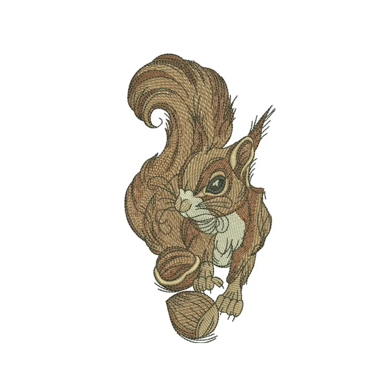 Embroidered design of a cute squirrel holding a hazelnut, featuring intricate stitching patterns in a woodland theme.