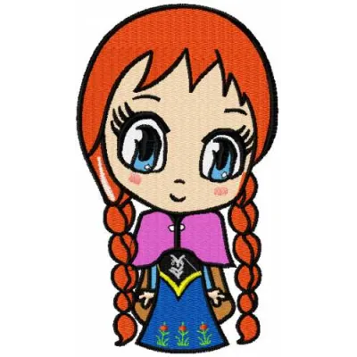 Charming Anna chibi embroidery design inspired by Frozen, showcasing a whimsical stitched motif for creative projects.