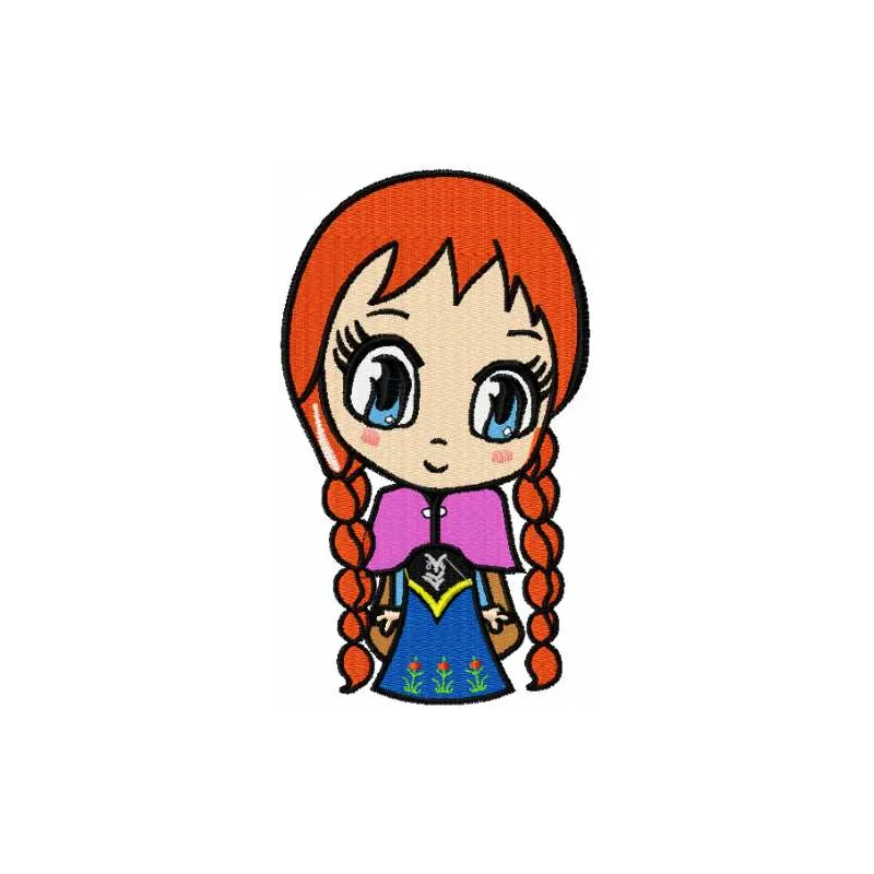 Charming Anna chibi embroidery design inspired by Frozen, showcasing a whimsical stitched motif for creative projects.