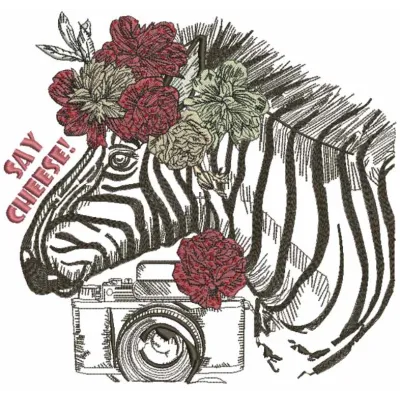 Say Cheese embroidery design featuring a playful African animal motif, ideal for stitching on t-shirts and tote bags.