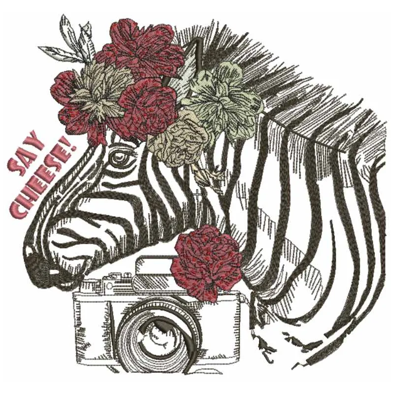 Say Cheese embroidery design featuring a playful African animal motif, ideal for stitching on t-shirts and tote bags.
