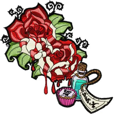 Tattoo roses with drink embroidery design featuring floral motifs, perfect for embellishing apparel and accessories.