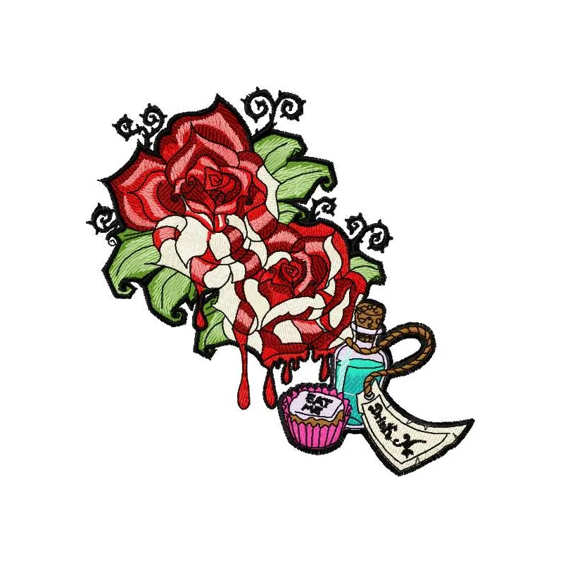 Tattoo roses with drink embroidery design featuring floral motifs, perfect for embellishing apparel and accessories.