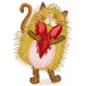 Embroidery design featuring a playful cat with a red heart, perfect for stitching on various fabric items.