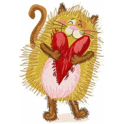 Embroidery design featuring a playful cat with a red heart, perfect for stitching on various fabric items.