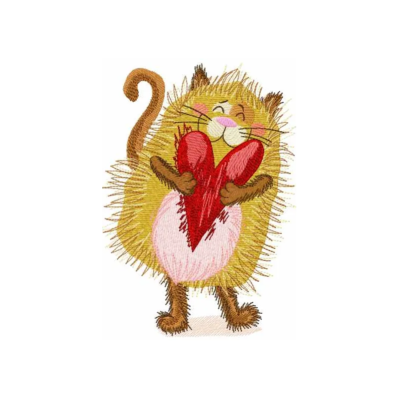 Embroidery design featuring a playful cat with a red heart, perfect for stitching on various fabric items.