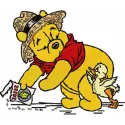Winnie Pooh and little duck embroidery design featuring playful characters for stitching on t-shirts and blankets.
