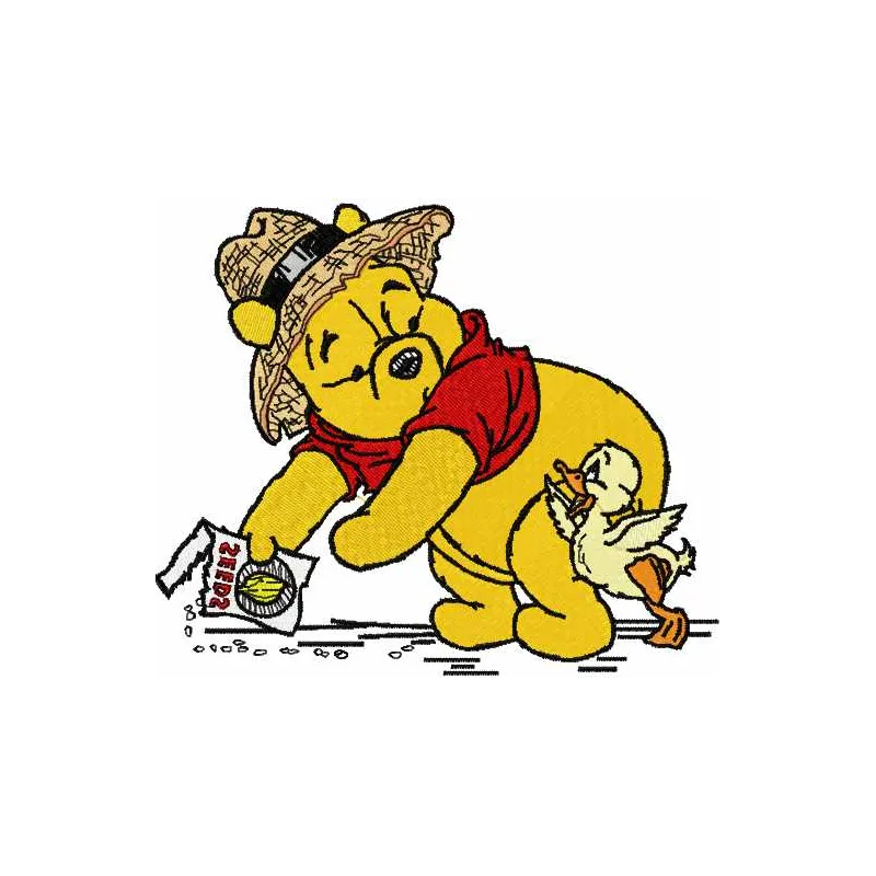 Winnie Pooh and little duck embroidery design featuring playful characters for stitching on t-shirts and blankets.