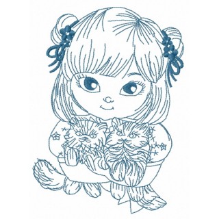 Japanese girl with cats 4 embroidery design - Embroidery Design