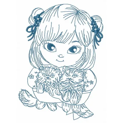 Embroidery design featuring a Japanese girl surrounded by cats, perfect for creating unique stitched motifs.