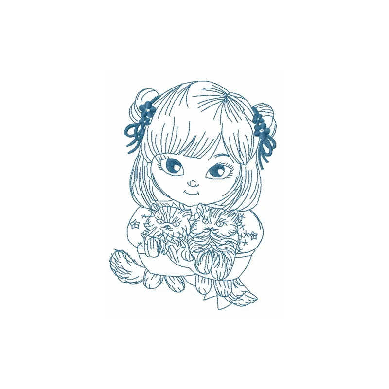 Embroidery design featuring a Japanese girl surrounded by cats, perfect for creating unique stitched motifs.