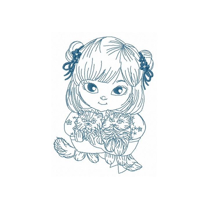 Japanese girl with cats 4 embroidery design - Embroidery Design