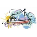 Fishing boat embroidery design showcasing a nautical theme, perfect for stitching on caps or tote bags.