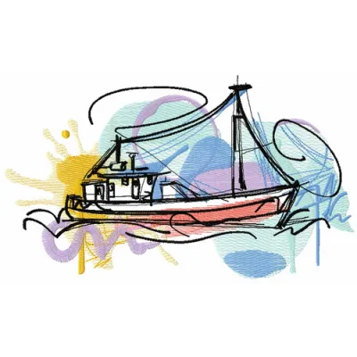 Fishing boat embroidery design showcasing a nautical theme, perfect for stitching on caps or tote bags.