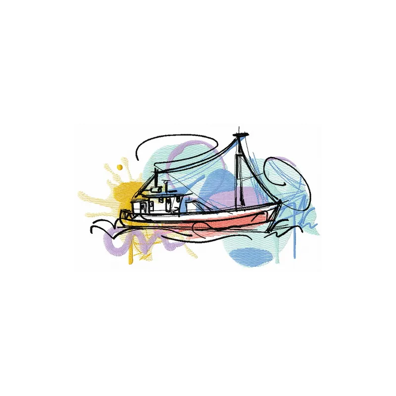 Fishing boat embroidery design showcasing a nautical theme, perfect for stitching on caps or tote bags.