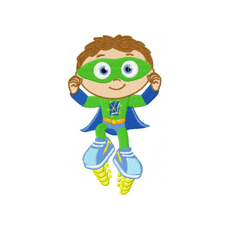 Super Why embroidery design featuring vibrant colors and playful characters, ideal for kids' apparel and accessories.