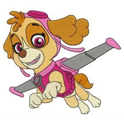 Aviator Skye embroidery design featuring a playful character from Paw Patrol suitable for various fabric projects.