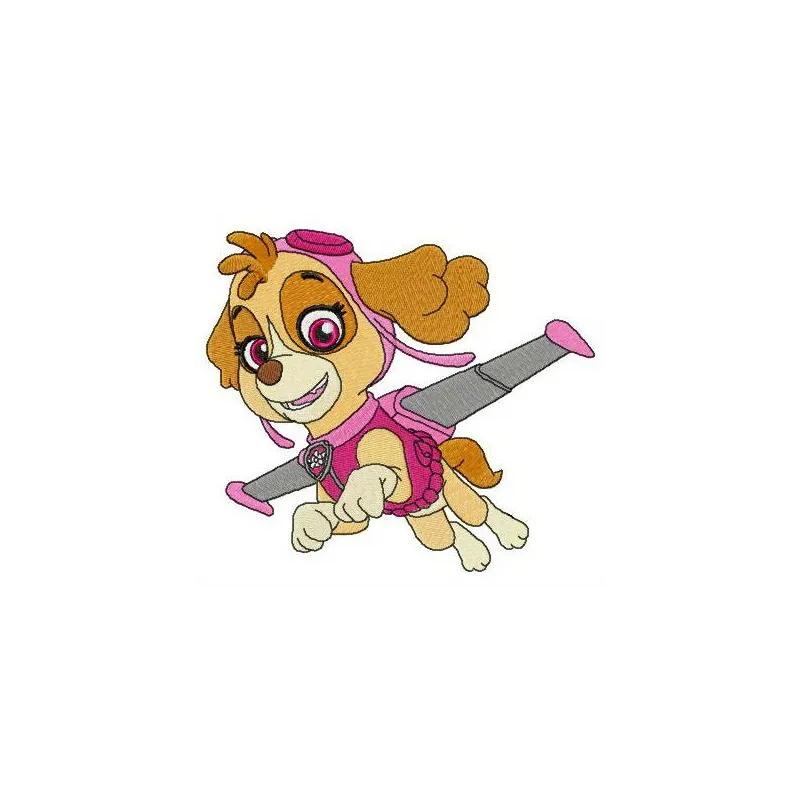 Aviator Skye embroidery design featuring a playful character from Paw Patrol suitable for various fabric projects.