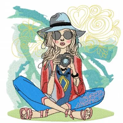 Embroidery design featuring a young photographer, ideal for girls and women, showcasing creative stitching patterns.
