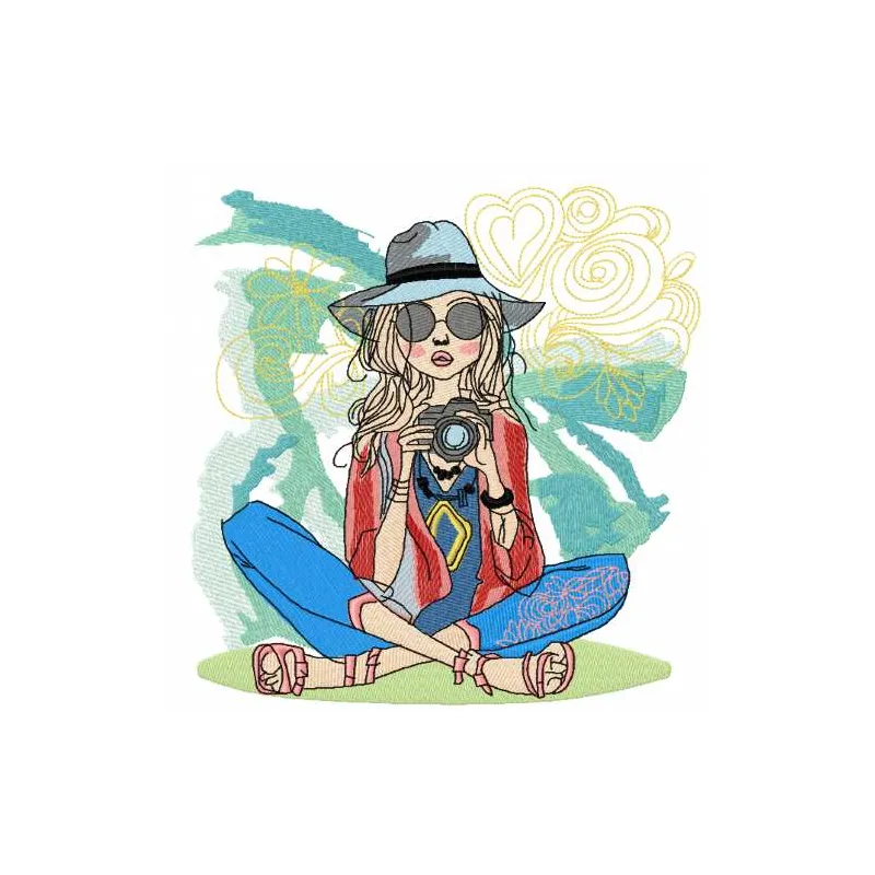 Embroidery design featuring a young photographer, ideal for girls and women, showcasing creative stitching patterns.