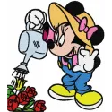 Minnie Mouse gardener embroidery design featuring floral elements, ideal for stitching on apparel and accessories.