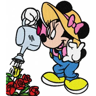 Minnie Mouse gardener embroidery design featuring floral elements, ideal for stitching on apparel and accessories.