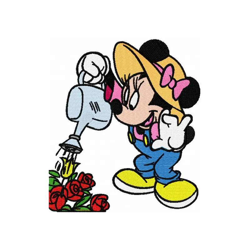 Minnie Mouse gardener embroidery design featuring floral elements, ideal for stitching on apparel and accessories.