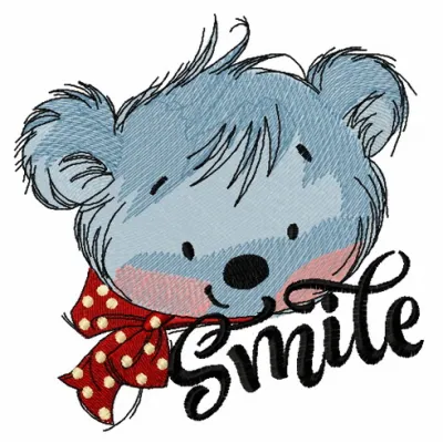 Teddy's smile embroidery design showcasing a cheerful teddy bear, perfect for adding charm to children's apparel.