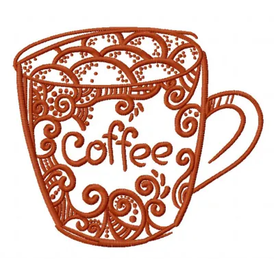 Decorated coffee cup 2 embroidery design showcasing intricate stitching patterns on a coffee-themed motif.