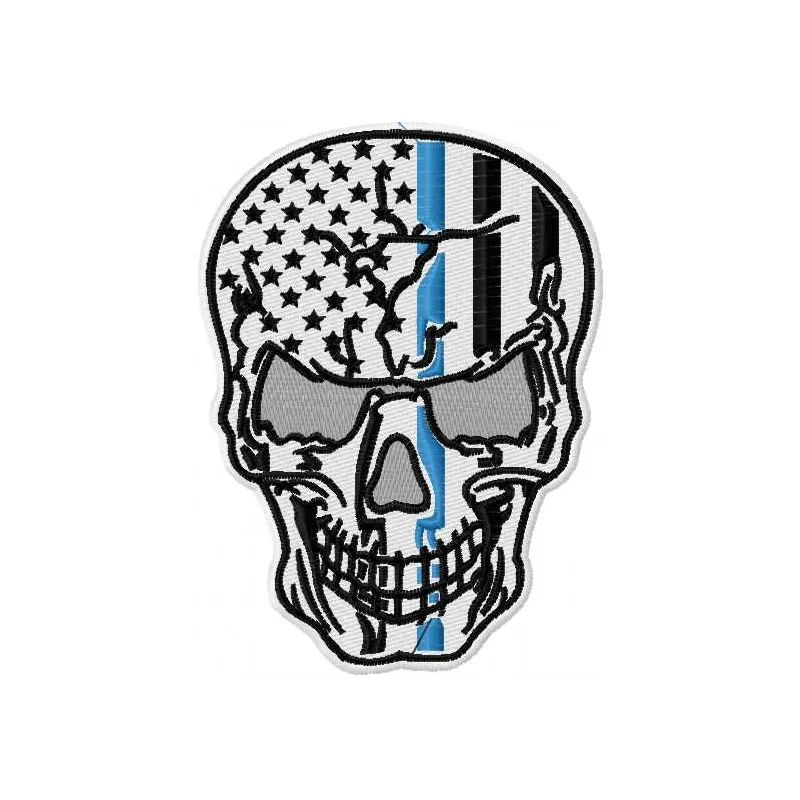 Preview of a patriotic skull embroidery design featuring American flag elements, ideal for creative stitching projects.